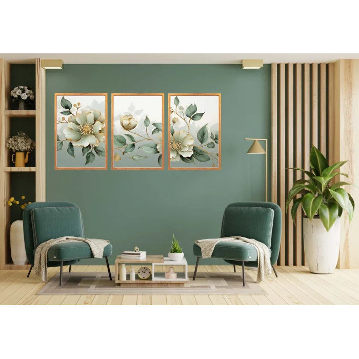 3 Parça Çerçeveli Dekoratif Çiçekler Ahşap Tablo seti, Ev Dekoru, Soyut Tablo