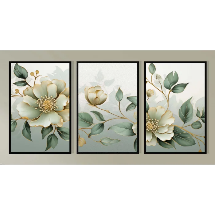 3 Parça Çerçeveli Dekoratif Çiçekler Ahşap Tablo seti, Ev Dekoru, Soyut Tablo