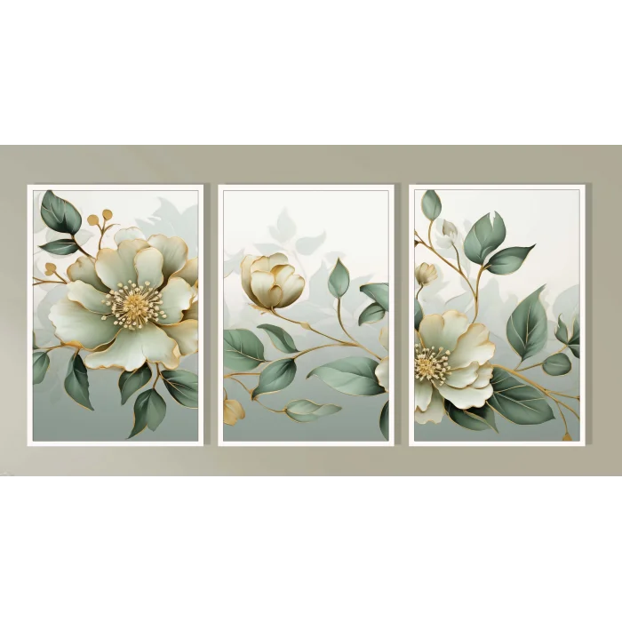 3 Parça Çerçeveli Dekoratif Çiçekler Ahşap Tablo seti, Ev Dekoru, Soyut Tablo