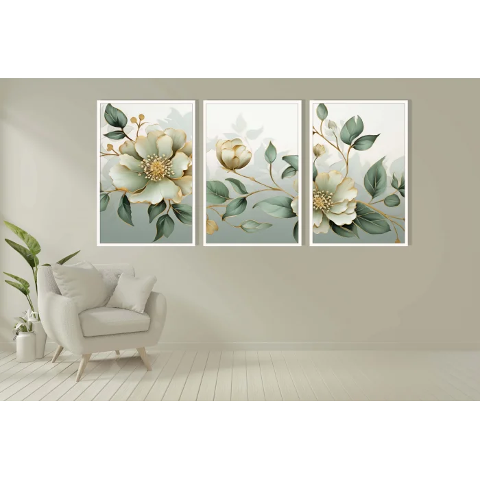 3 Parça Çerçeveli Dekoratif Çiçekler Ahşap Tablo seti, Ev Dekoru, Soyut Tablo