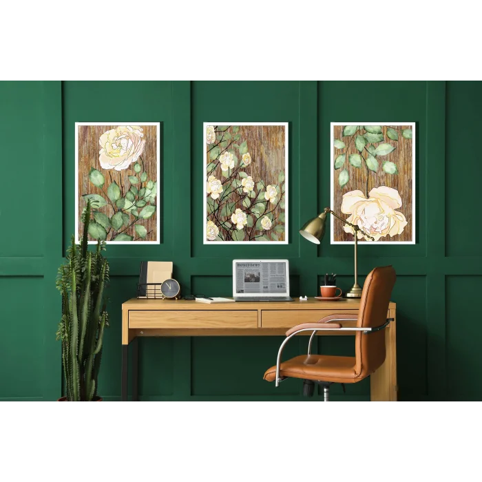 3 Parça Çerçeveli Dekoratif Güller Ahşap Tablo seti, Ev Dekoru, Soyut Tablo