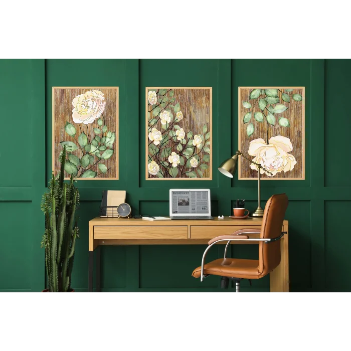 3 Parça Çerçeveli Dekoratif Güller Ahşap Tablo seti, Ev Dekoru, Soyut Tablo