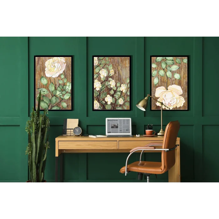 3 Parça Çerçeveli Dekoratif Güller Ahşap Tablo seti, Ev Dekoru, Soyut Tablo