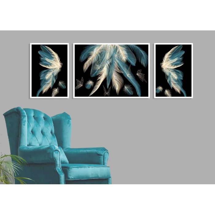 3 Parça Çerçeveli Dekoratif Kuş Tüyü Ahşap Tablo seti, Ev Dekoru