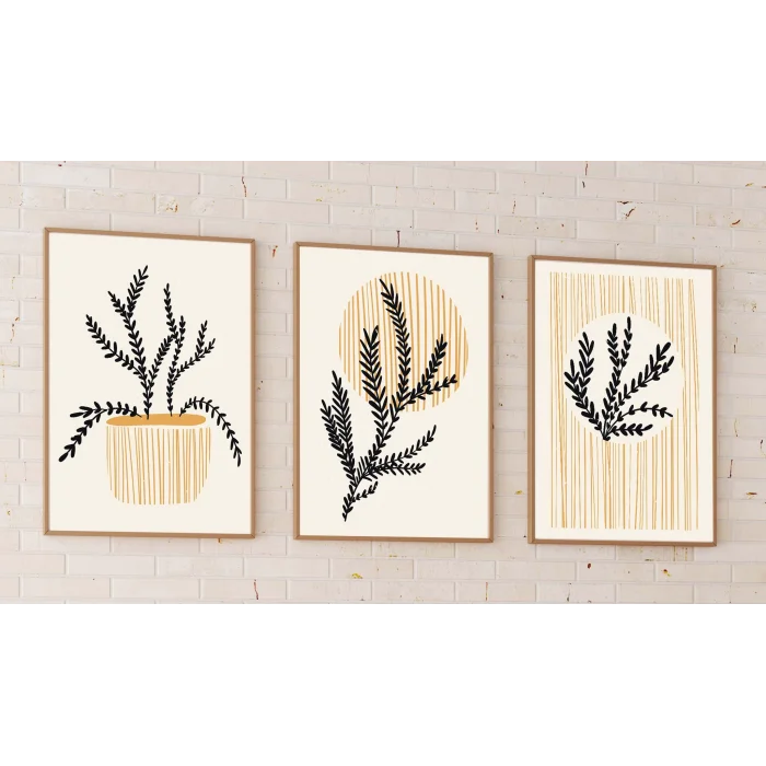 3 Parça Çerçeveli Dekoratif Soyut Çiçekler Ahşap Tablo seti, Ev Dekoru, Soyut Tablo