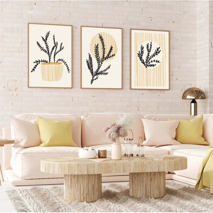 3 Parça Çerçeveli Dekoratif Soyut Çiçekler Ahşap Tablo seti, Ev Dekoru, Soyut Tablo