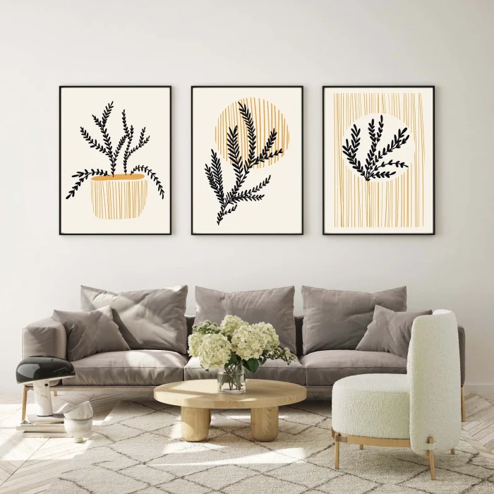 3 Parça Çerçeveli Dekoratif Soyut Çiçekler Ahşap Tablo seti, Ev Dekoru, Soyut Tablo