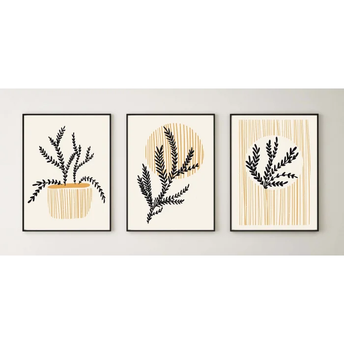 3 Parça Çerçeveli Dekoratif Soyut Çiçekler Ahşap Tablo seti, Ev Dekoru, Soyut Tablo