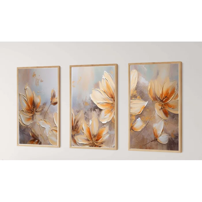 3 Parça Çerçeveli Kabartma Görünümlü Dekoratif Çiçekler Ahşap Tablo seti, Ev Dekoru, Soyut Tablo
