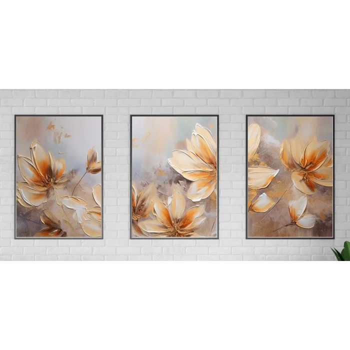 3 Parça Çerçeveli Kabartma Görünümlü Dekoratif Çiçekler Ahşap Tablo seti, Ev Dekoru, Soyut Tablo