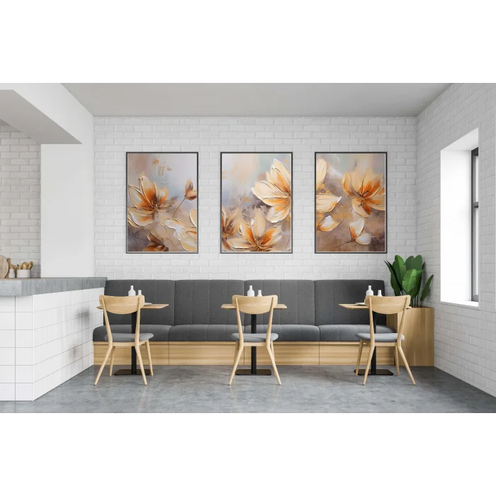 3 Parça Çerçeveli Kabartma Görünümlü Dekoratif Çiçekler Ahşap Tablo seti, Ev Dekoru, Soyut Tablo