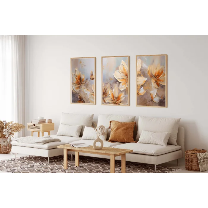 3 Parça Çerçeveli Kabartma Görünümlü Dekoratif Çiçekler Ahşap Tablo seti, Ev Dekoru, Soyut Tablo