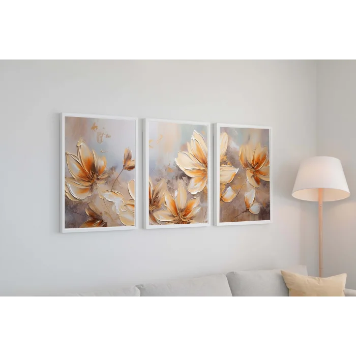 3 Parça Çerçeveli Kabartma Görünümlü Dekoratif Çiçekler Ahşap Tablo seti, Ev Dekoru, Soyut Tablo