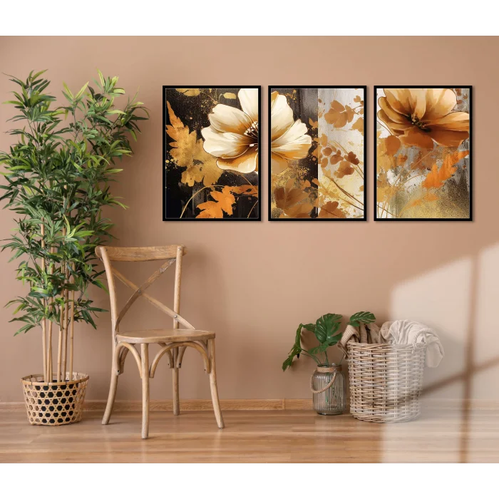 3 Parça Çerçeveli Kahverengi Çiçekler Ahşap Tablo seti, Ev Dekoru, Soyut Tablo