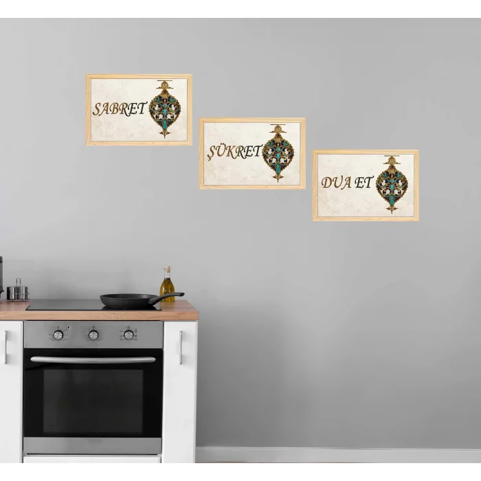 3 Parça Çerçeveli Sabret, Şükret, Dua Et Yazılı Ahşap Tablo Seti