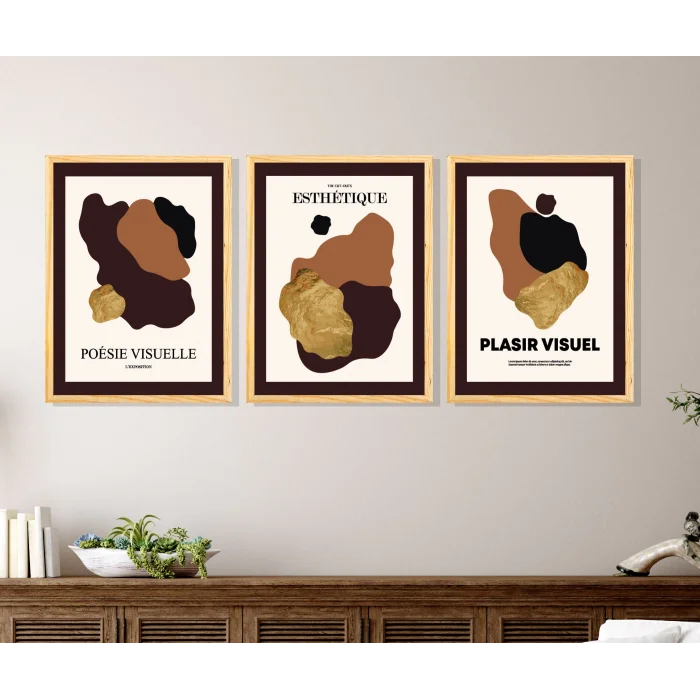 3 Parça Çerçeveli Soyut Ahşap Tablo Seti, Ev Dekoru