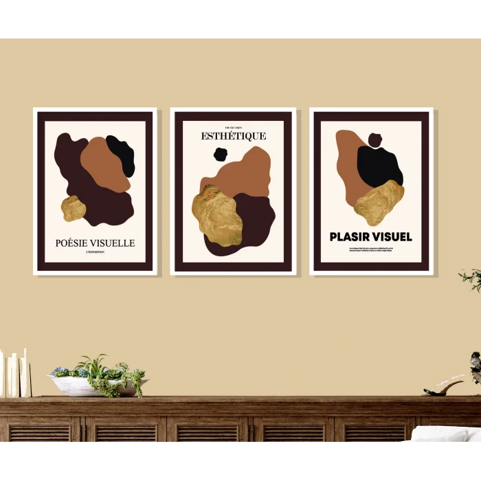 3 Parça Çerçeveli Soyut Ahşap Tablo Seti, Ev Dekoru