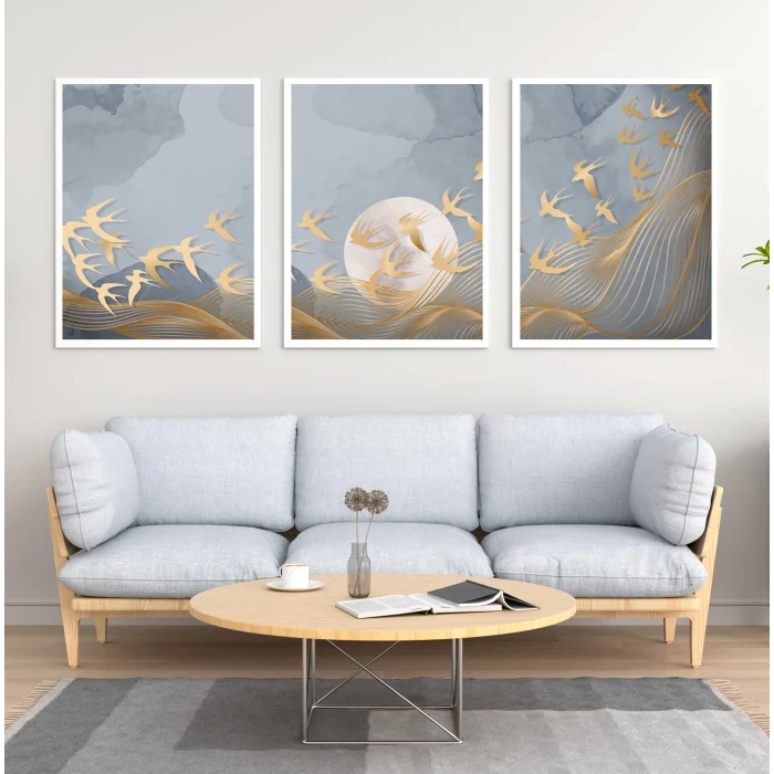 3 Parça Çerçeveli Soyut Ahşap Tablo Seti, Ev Dekoru