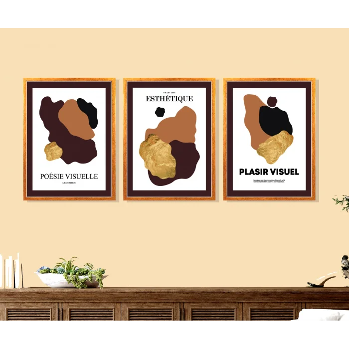 3 Parça Çerçeveli Soyut Ahşap Tablo Seti, Ev Dekoru