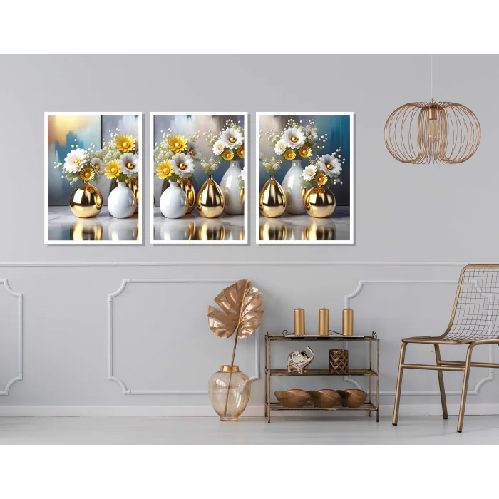 3 Parça Çerçeveli Vazoda Çiçekler Ahşap Tablo seti, Ev Dekoru