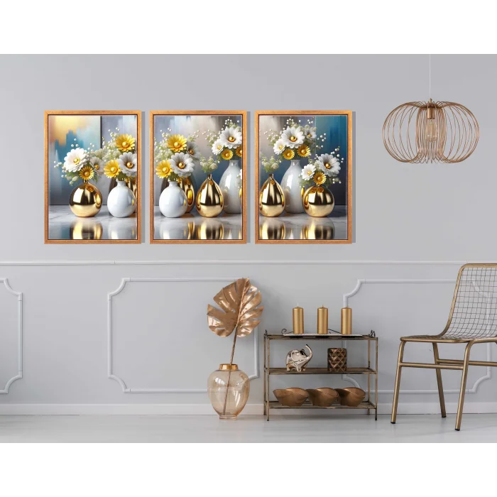 3 Parça Çerçeveli Vazoda Çiçekler Ahşap Tablo seti, Ev Dekoru