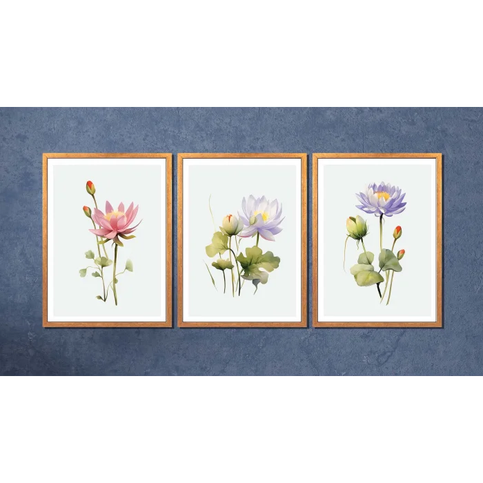 3 Parça Dekoratif Çiçekler Çerçeveli Ahşap Tablo seti, Ev Dekoru, Soyut Tablo