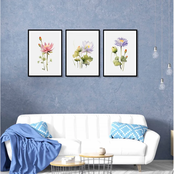 3 Parça Dekoratif Çiçekler Çerçeveli Ahşap Tablo seti, Ev Dekoru, Soyut Tablo