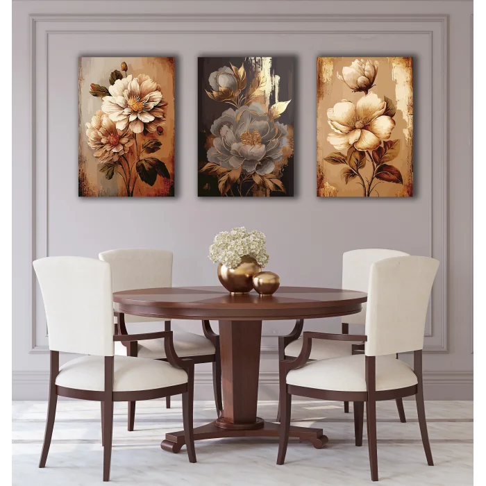3 PARÇA DEKORATİF ÇİÇEKLER KANVAS TABLO