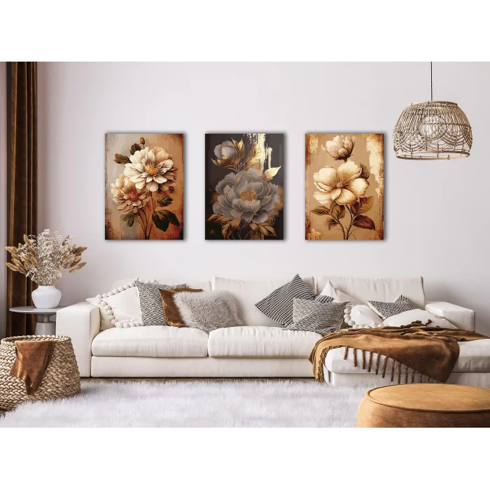 3 PARÇA DEKORATİF ÇİÇEKLER KANVAS TABLO