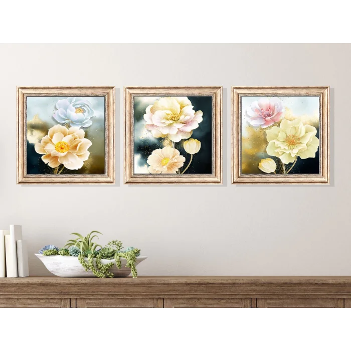 3 Parça Eskitme Çerçeveli Güller Ahşap Tablo Seti, Ev Dekoru