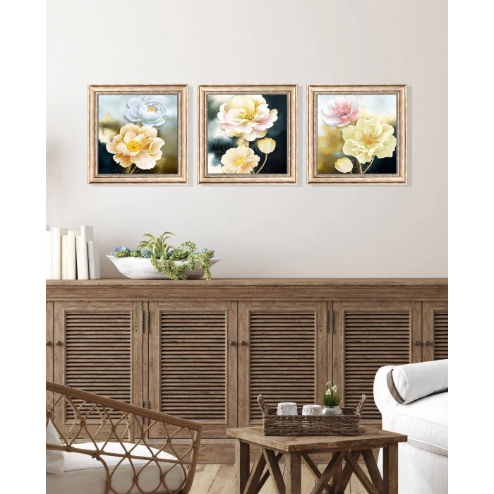 3 Parça Eskitme Çerçeveli Güller Ahşap Tablo Seti, Ev Dekoru