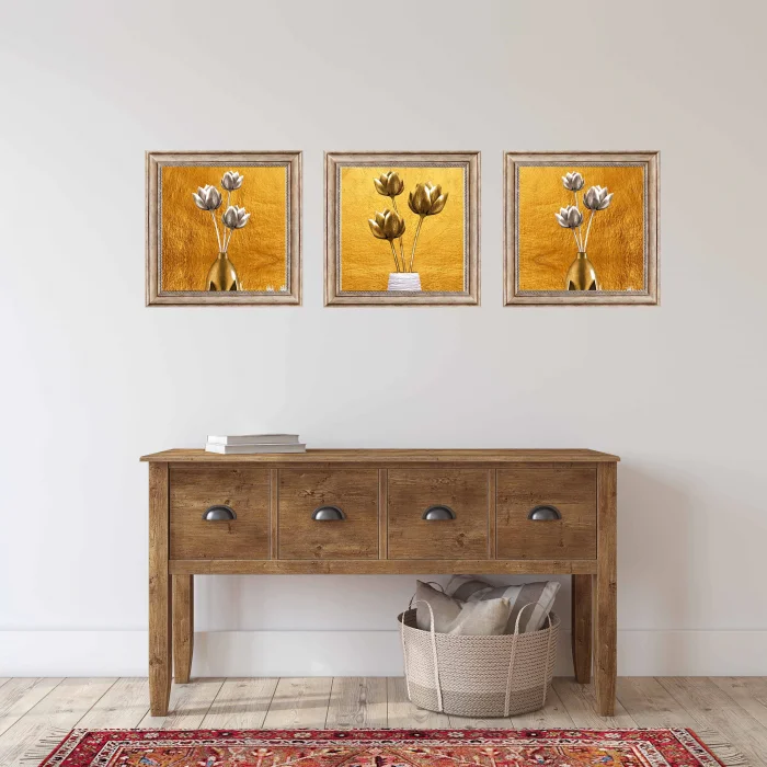 3 Parça Eskitme Çerçeveli Gümüş ve Altın Çiçekler Ahşap Tablo Seti, Ev Dekoru