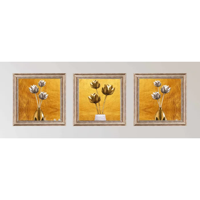 3 Parça Eskitme Çerçeveli Gümüş ve Altın Çiçekler Ahşap Tablo Seti, Ev Dekoru