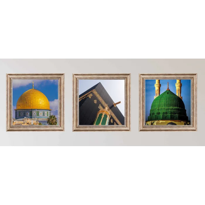 3 Parça Eskitme Çerçeveli Mescidi Haram, Aksa ,Nebevi Tablo Seti, Ev dekoru