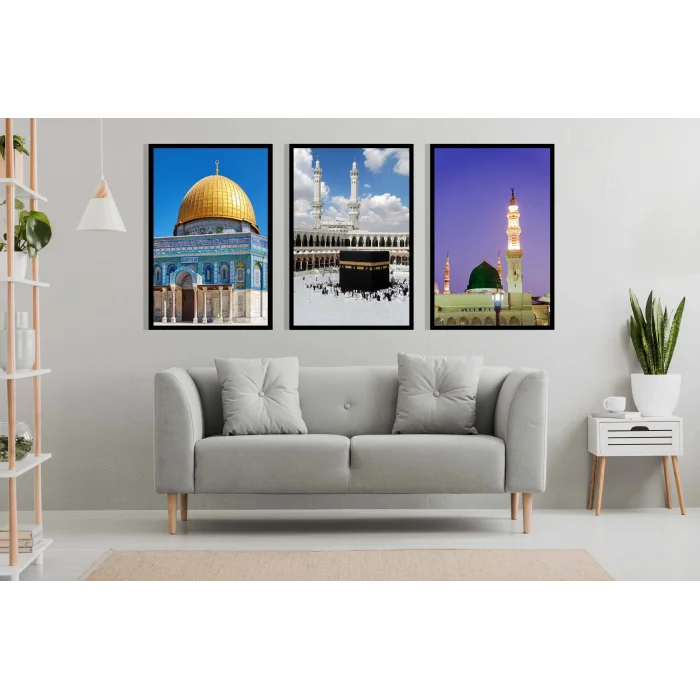 3 Parça Mescid-i Haram, Aksa, Nebevi Çerçeveli Ahşap Tablo Seti