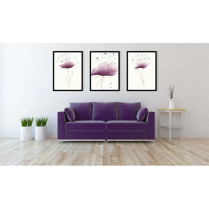 3 Parça Mor Çiçekler Çerçeveli Ahşap Tablo Seti, Ev Dekoru
