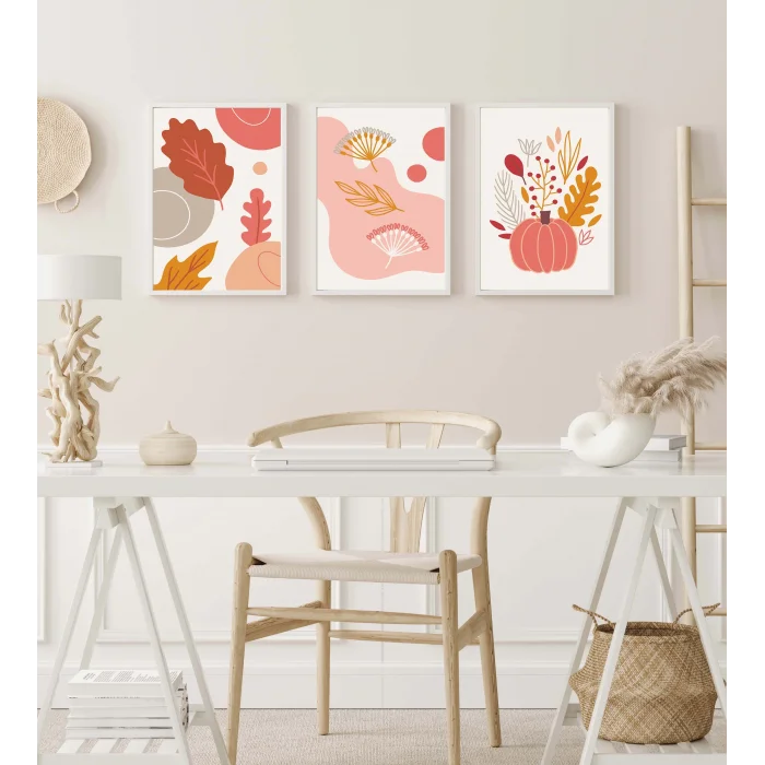 3 Parça Pembe Boho Çerçeveli Ahşap Tablo Seti