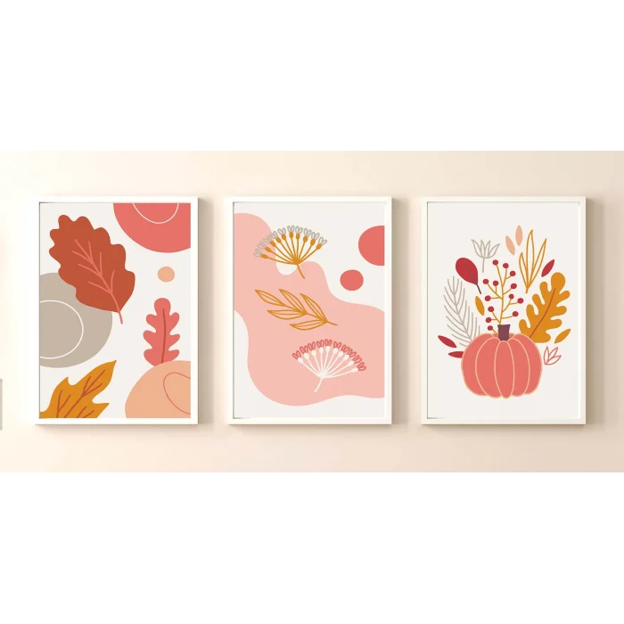 3 Parça Pembe Boho Çerçeveli Ahşap Tablo Seti