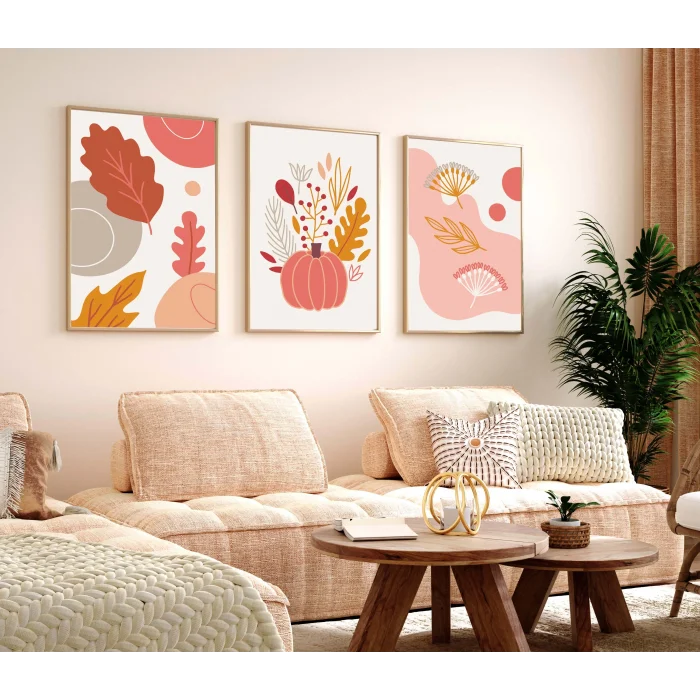 3 Parça Pembe Boho Çerçeveli Ahşap Tablo Seti