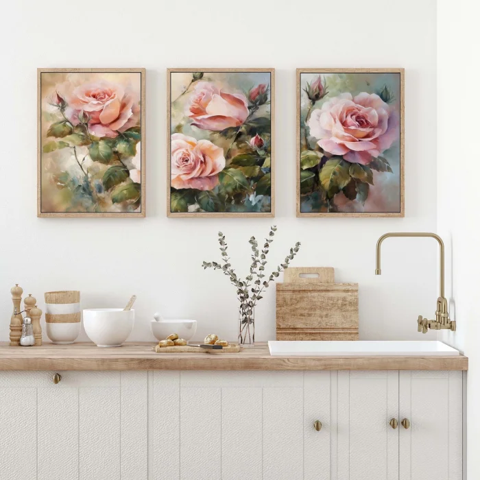 3 Parça Pembe Güller Çerçeveli Ahşap Tablo Seti, Ev Dekoru
