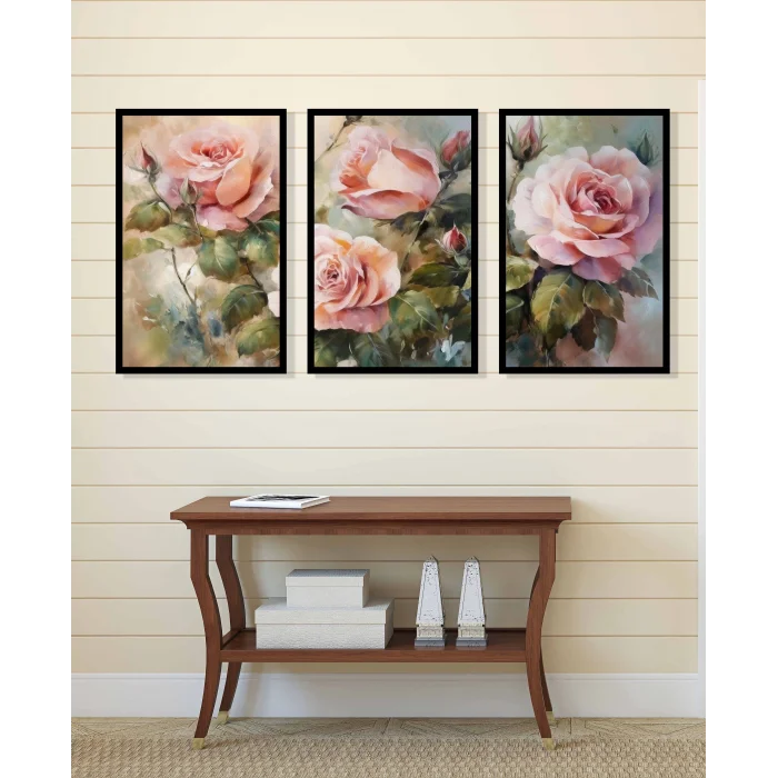 3 Parça Pembe Güller Çerçeveli Ahşap Tablo Seti, Ev Dekoru