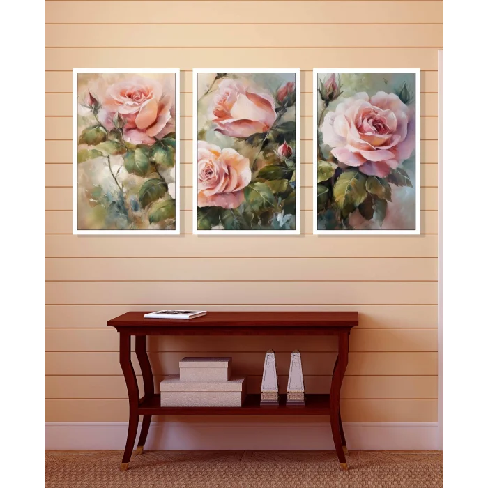 3 Parça Pembe Güller Çerçeveli Ahşap Tablo Seti, Ev Dekoru