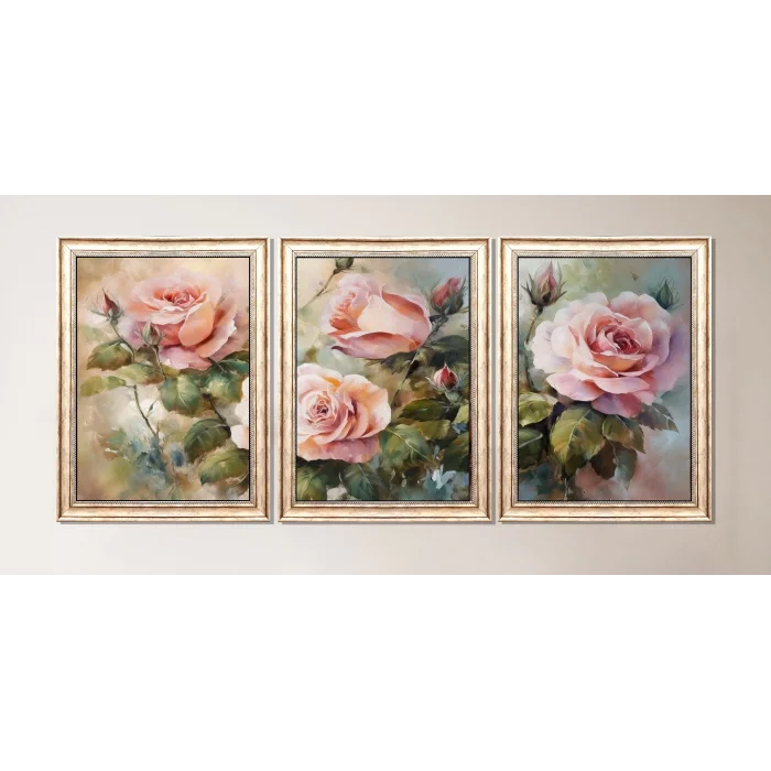 3 Parça Pembe Güller Eskitme Çerçeveli Ahşap Tablo Seti, Ev Dekoru