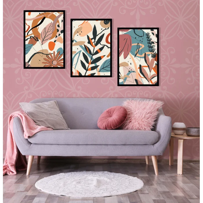 3 Parça Renkli Bohem Çerçeveli Ahşap Tablo seti, Ev Dekoru, Bohem