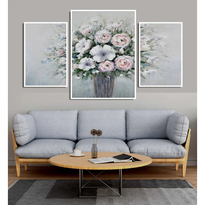 3 Parça Vazoda Dekoratif Çiçekler Çerçeveli Ahşap Tablo Seti