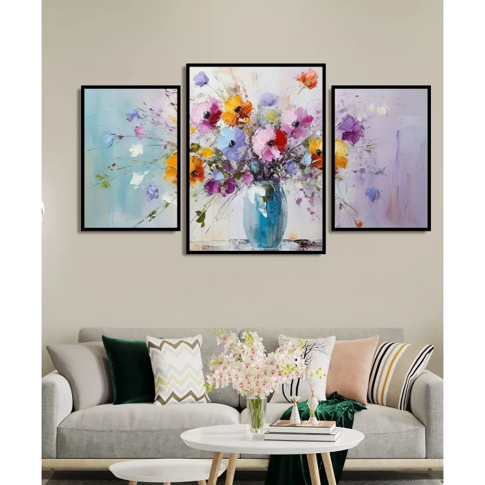 3 Parça Vazoda Renkli Çiçekler Çerçeveli Ahşap Tablo Seti