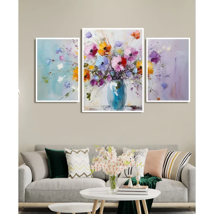 3 Parça Vazoda Renkli Çiçekler Çerçeveli Ahşap Tablo Seti