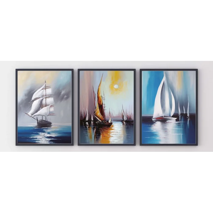 3 Parça Yelkenler Çerçeveli Tablo Life , Ev Dekoru , Soyut Tablo , Ahşap Tablo