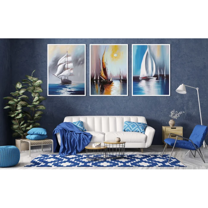 3 Parça Yelkenler Çerçeveli Tablo Life , Ev Dekoru , Soyut Tablo , Ahşap Tablo