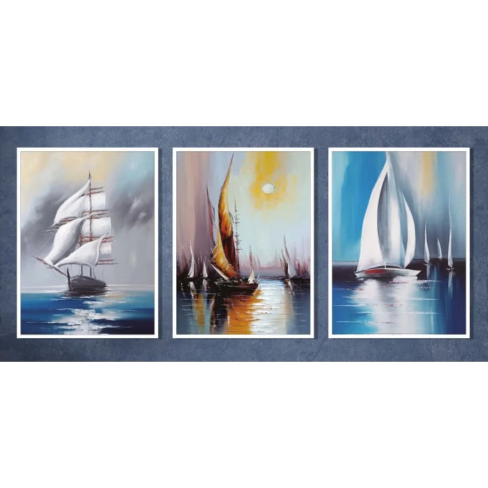 3 Parça Yelkenler Çerçeveli Tablo Life , Ev Dekoru , Soyut Tablo , Ahşap Tablo
